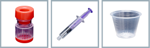 Three common medicine tools; from left-to-right, red and clear round pill crusher, purple and clear oral syringe and clear measuring cup